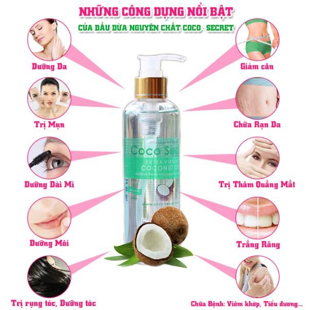 Dầu dừa tinh khiết Coco secret dưỡng da, dưỡng tóc nhanh dài, massage chống rạn da 250ml Tinh Dầu 100 Shop