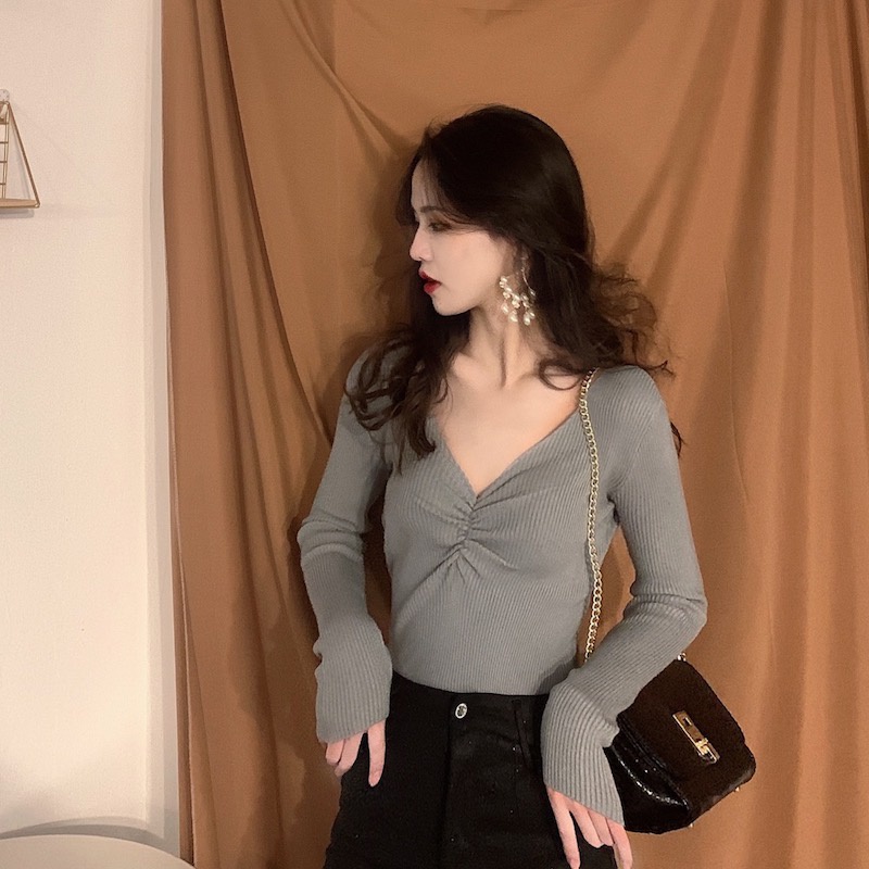 Áo Sweater Tay Dài Cổ Chữ V Form Ôm Phong Cách Hàn Quốc Dễ Phối Đồ Với 8 Màu Lựa Chọn | BigBuy360 - bigbuy360.vn