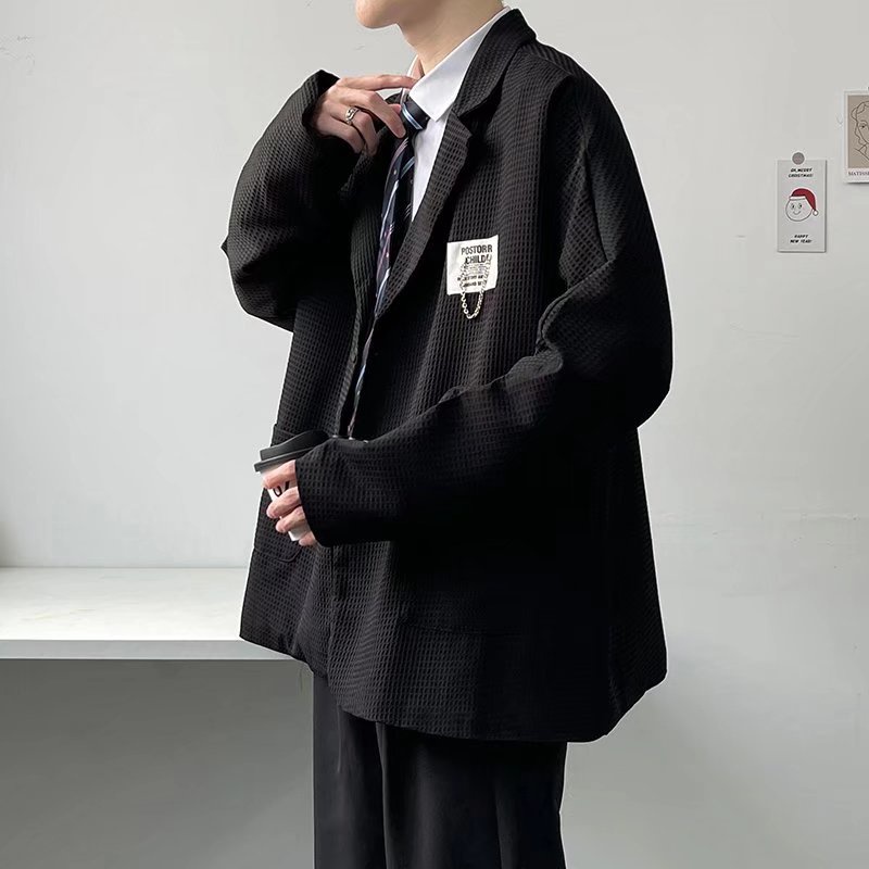 ♞AFF LIGA♞ Áo khoác blazer tay dài dáng rộng 1 hàng nút có túi áo màu đen trắng trơn thời trang Hàn Quốc đơn giản cho nam