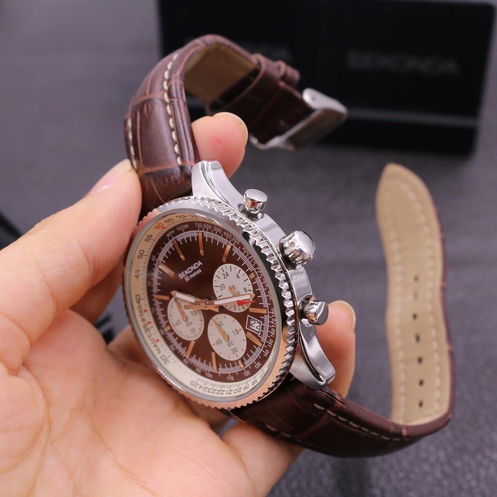 Đồng hồ nam SEKONDA CHRONOGRAPH 3407 dây da loại thương hiệu Anh Quốc