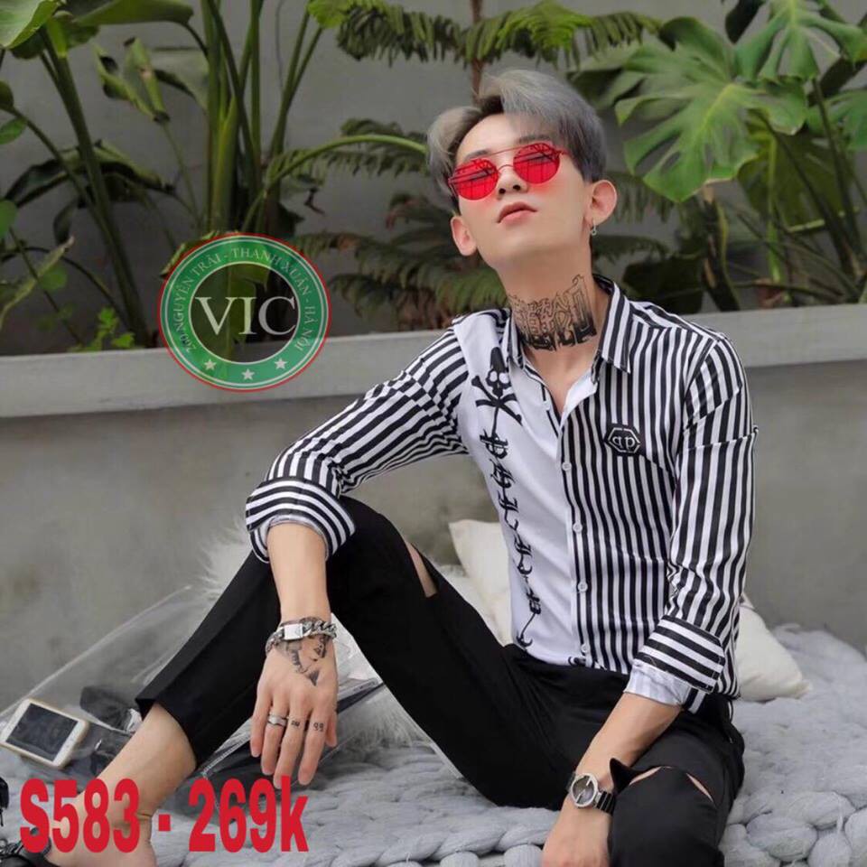 Áo sơ mi tay dài S583 kẻ sọc trắng đen