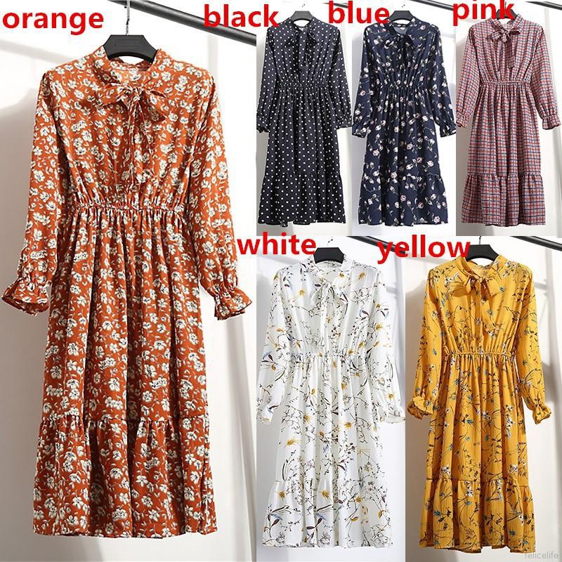 Đầm nữ tay dài họa tiết hoa phong cách retro xinh xắn