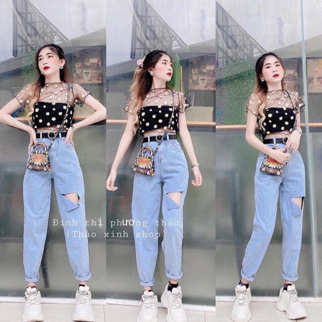 Set áo lưới 2 món hoa cúc kèm quần baggy basic trơn rách ô