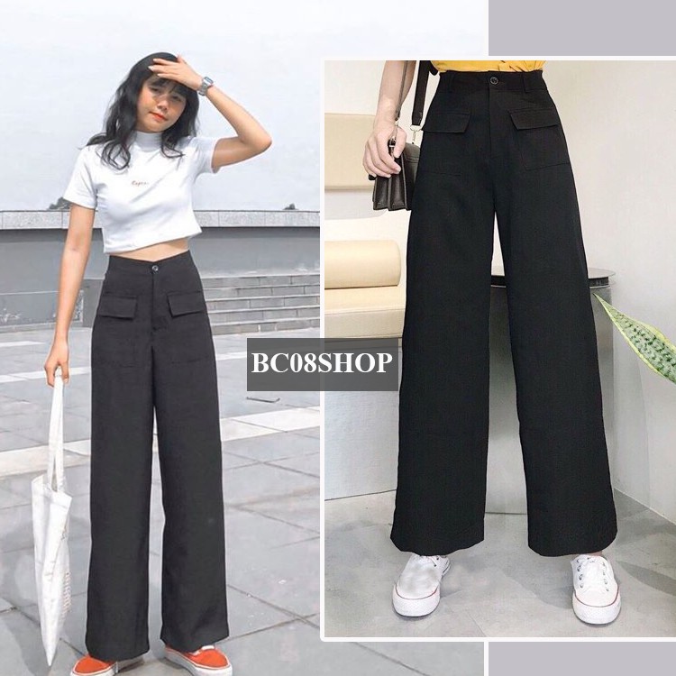 Quần Tây Ống Suông Đen Phối Túi Trước lưng cao Basic BC57