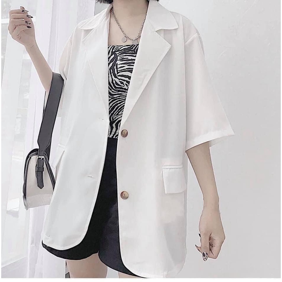 [ẢNH THẬT]Áo blazer đệm vai dài tay 2 màu đen trắng  sang chảnh trơn- dáng suông rộng trượt vạt bầu dáng rộng- áo khoá