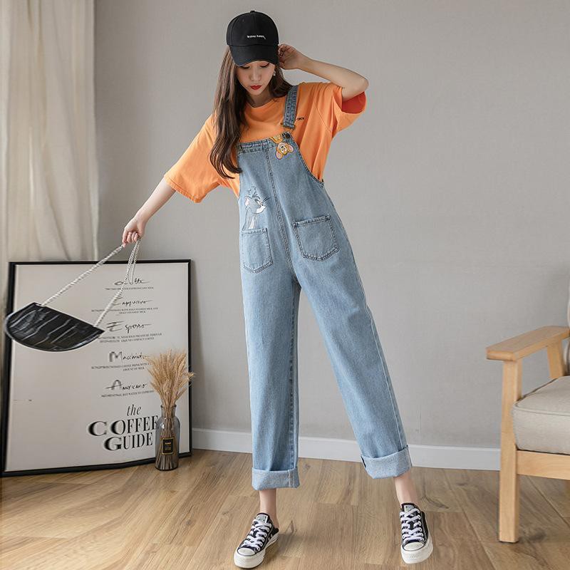 Quần Yếm Denim Dáng Rộng In Hoạt Hình Mèo Chuột Kiểu Hàn Quốc Thời Trang Xuân Thu Cho Nữ 2021