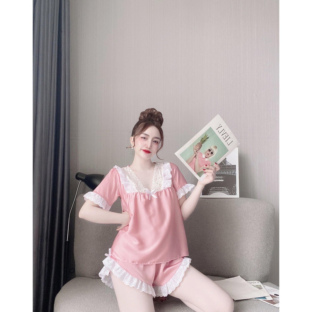 Bộ ngủ pijama tay ngắn - Đồ Bộ Áo Quần Ngắn Tay Cổ Phối Ren Nữ Tính [D30] | BigBuy360 - bigbuy360.vn