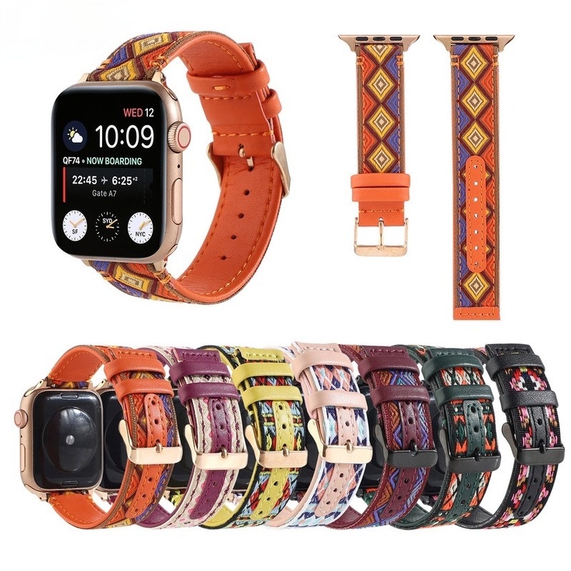 Dây Da Đồng Hồ Đeo Tay In Hoa 38mm 42mm 40mm 44mm Cho Apple Watch Series 6 Se 5 4 3 2 1