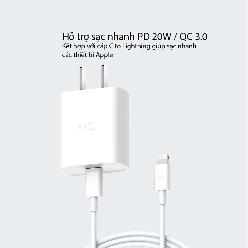 Bộ sạc nhanh PD 20W ZMI, Chuẩn MFi, Hỗ trợ sạc iPhone 13 / 12 / 11 / X / 8, iPad, iPod