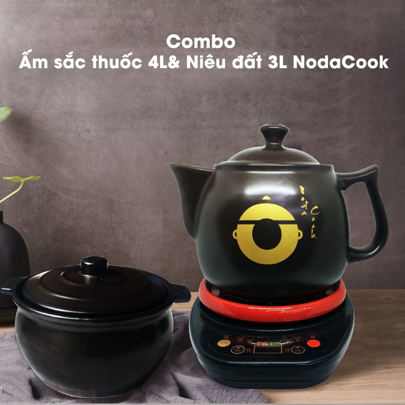 Combo Ấm sắc thuốc hẹn giờ 4L &amp; Niêu sứ men đen 3L NodaCook