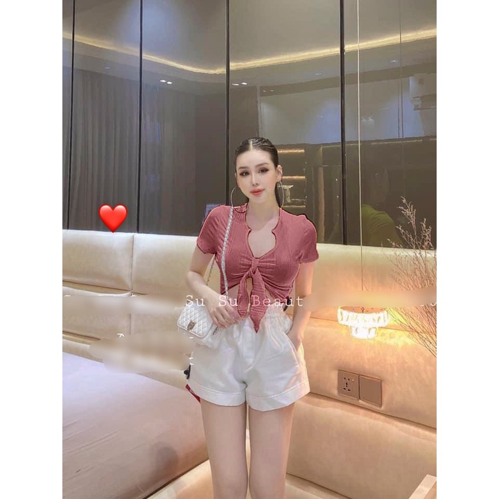Áo kiểu croptop U ngực cột dây nơ rời cực xinh ,  chất thun xốp mềm mịn