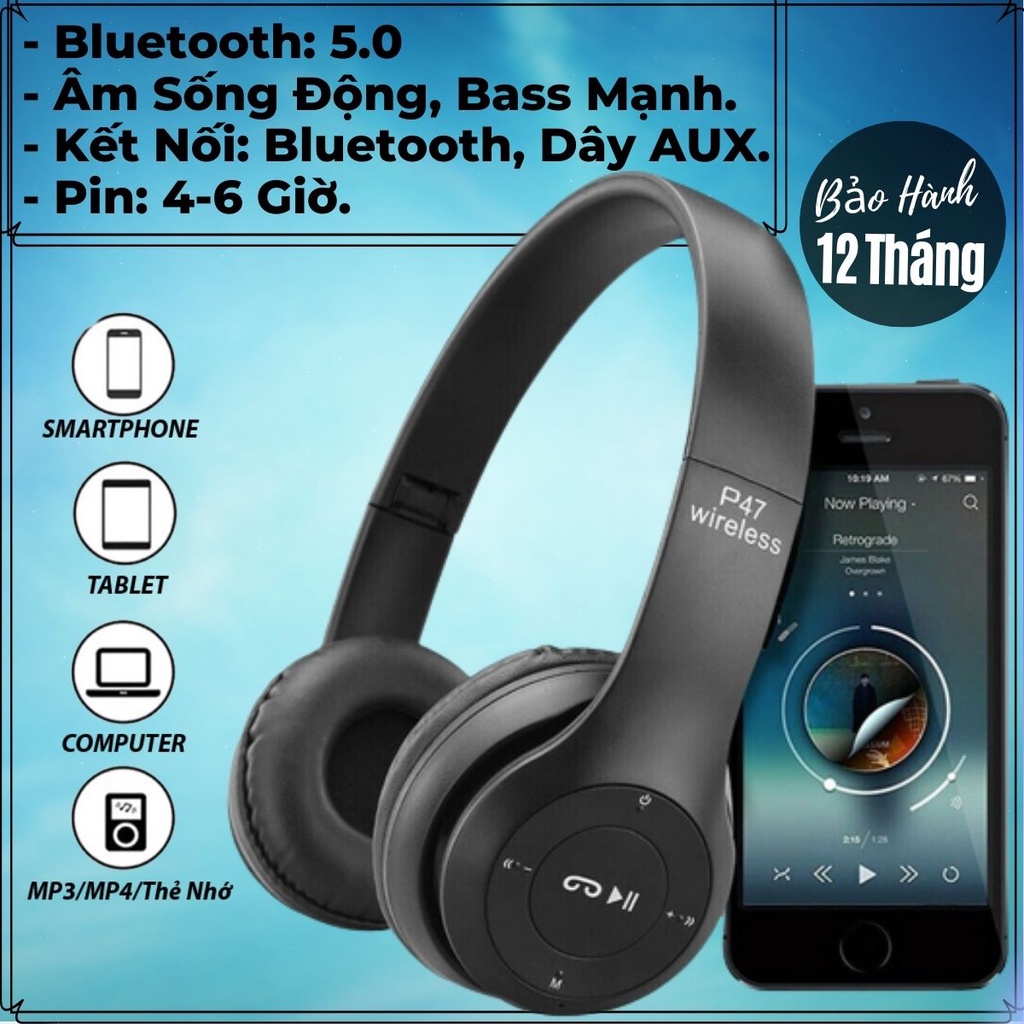 Tai Nghe Chụp Tai Bluetooth P47 Không Dây Âm Bass Cực Chất Nghe Nhạc Cực Hay Có Mic, Hỗ Trợ Thẻ Nhớ, FM - BH 12 Tháng