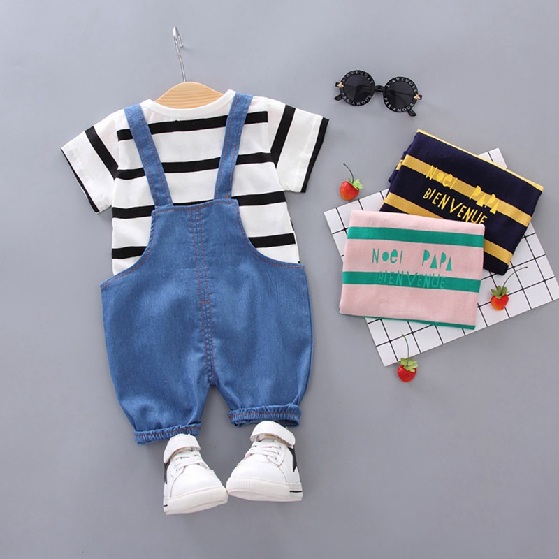 Set quần yếm + áo thun ngắn tay họa tiết sọc ngang thời trang cho bé trai