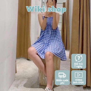 Váy hai dây kẻ caro xanh freesize - Váy đầm nữ freesize kẻ caro xanh hỏ tren phom rộng dáng suông