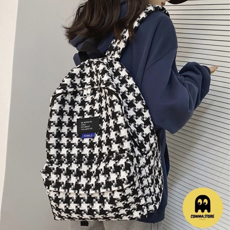 🍀 Balo basic Hàn Quốc nhẹ nhàng xinh xắn kẻ caro 2 màu xanh đen 💖✨ HÀNG CÓ SẴN | chất dạ tweed