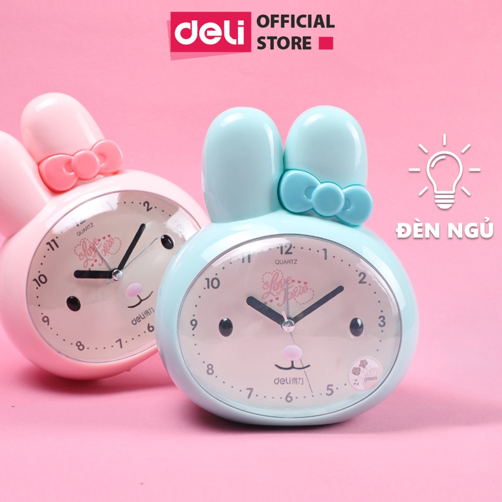 Đồng hồ báo thức để bàn hình con thỏ dễ thương Deli - Chuông kêu to, tích hợp đèn ngủ, thiết kế phong cách Hàn Quốc 8803