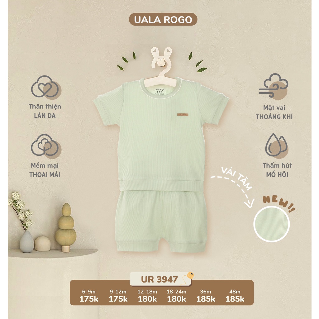 Bộ Uala Rogo cộc tay cotton Hàn Quốc cao cấp mềm mịn thoáng mát thấm hút tốt trơn cổ tròn cho bé trai bé gái 3947 3954