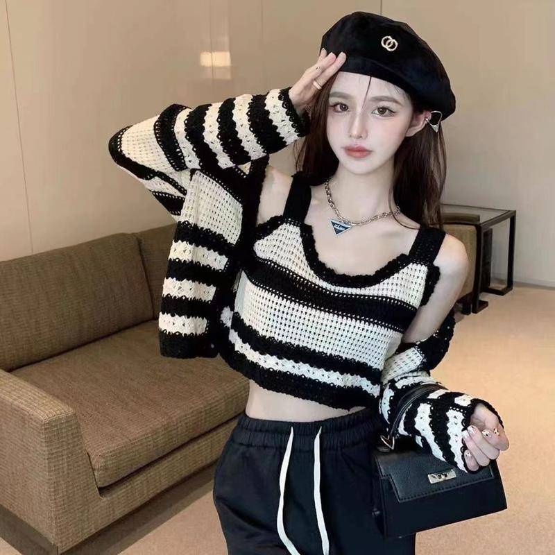 Áo Cardigan Dệt Kim Kẻ Sọc Rộng Bộ Hai Mảnh Có Dây Đeo Áo Ngắn Cho Nữ