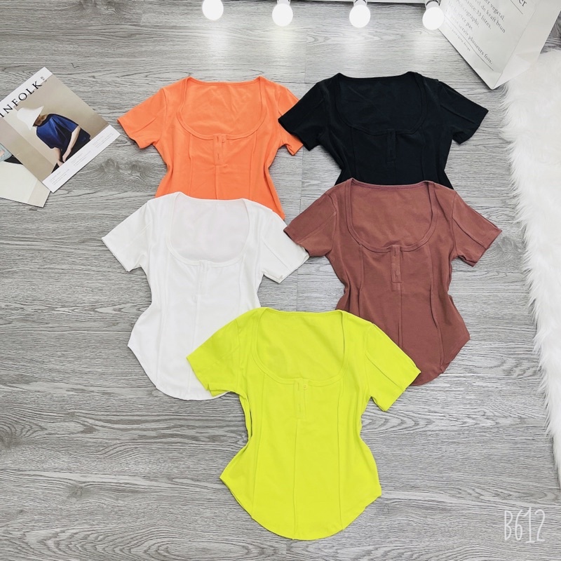 Áo thun body vạt bầu dáng ngắn tay ngắn phối cúc alohashop91