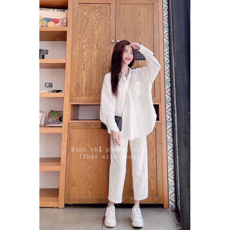 [Mã FAGREEN245 giảm 10% tối đa 30K đơn 99K] Sét đũi trắng cổ vét - bộ dài tay