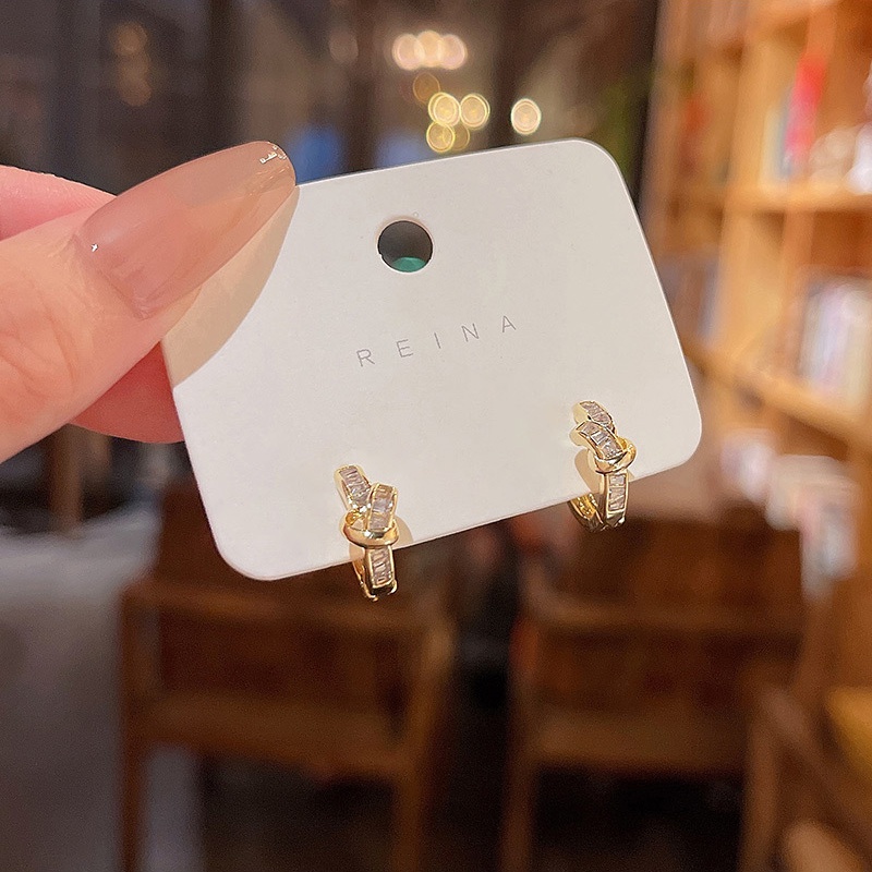 Bông Tai Mạ Bạc 925 Hình Nút Thắt Đính Đá Zircon Chất Lượng Cao