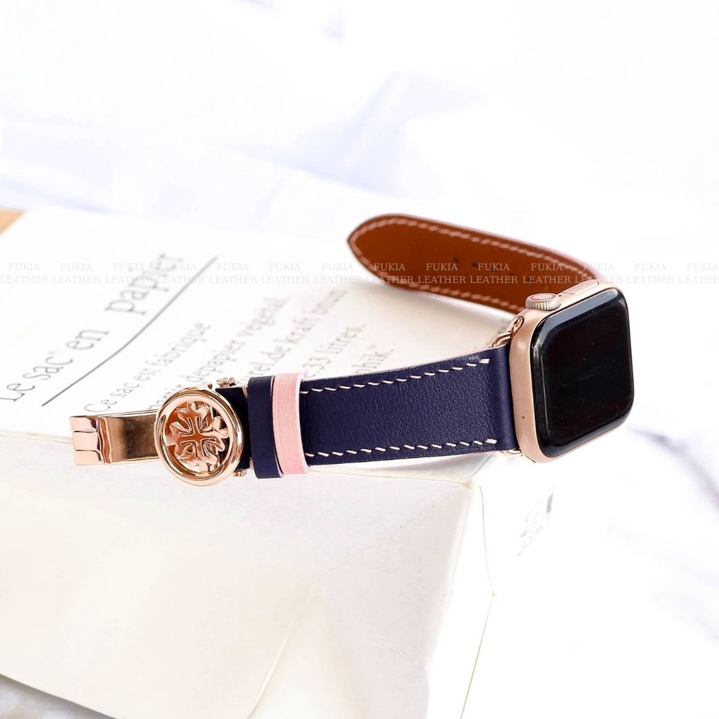 Dây da thủ công Swift Xanh Navy Mix Hồng dành cho Apple Watch, đồng hồ thông minh, đồng hồ cơ