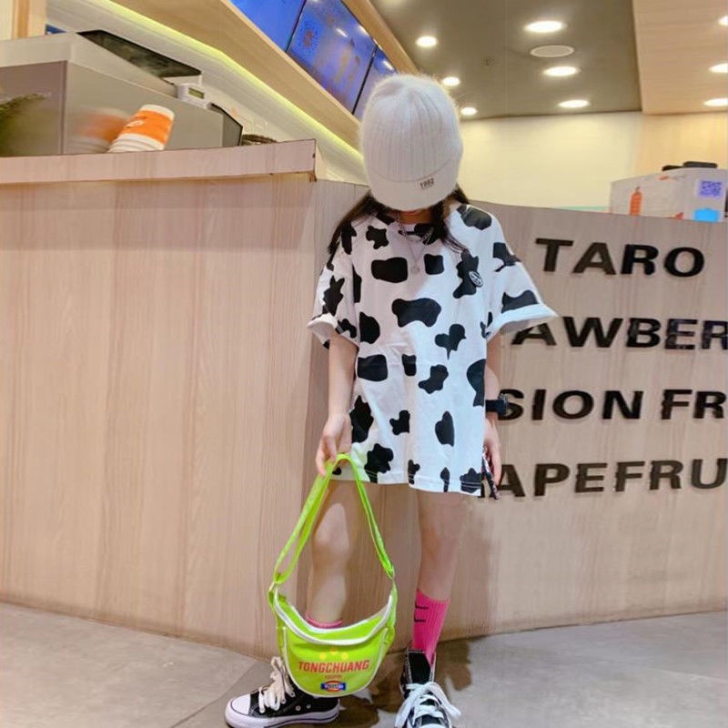 Đầm Thun Cotton Ngắn Tay In Hình Bò Sữa Thời Trang Mùa Hè Hàn Quốc