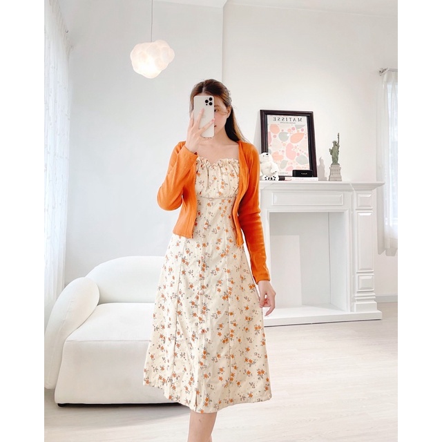 SET ĐẦM HOA CAM KHOÁC GÂN CAM