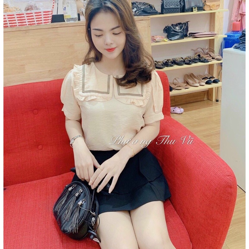 áo sơ mi bèo viền nhỏ cộc tay chất đũi