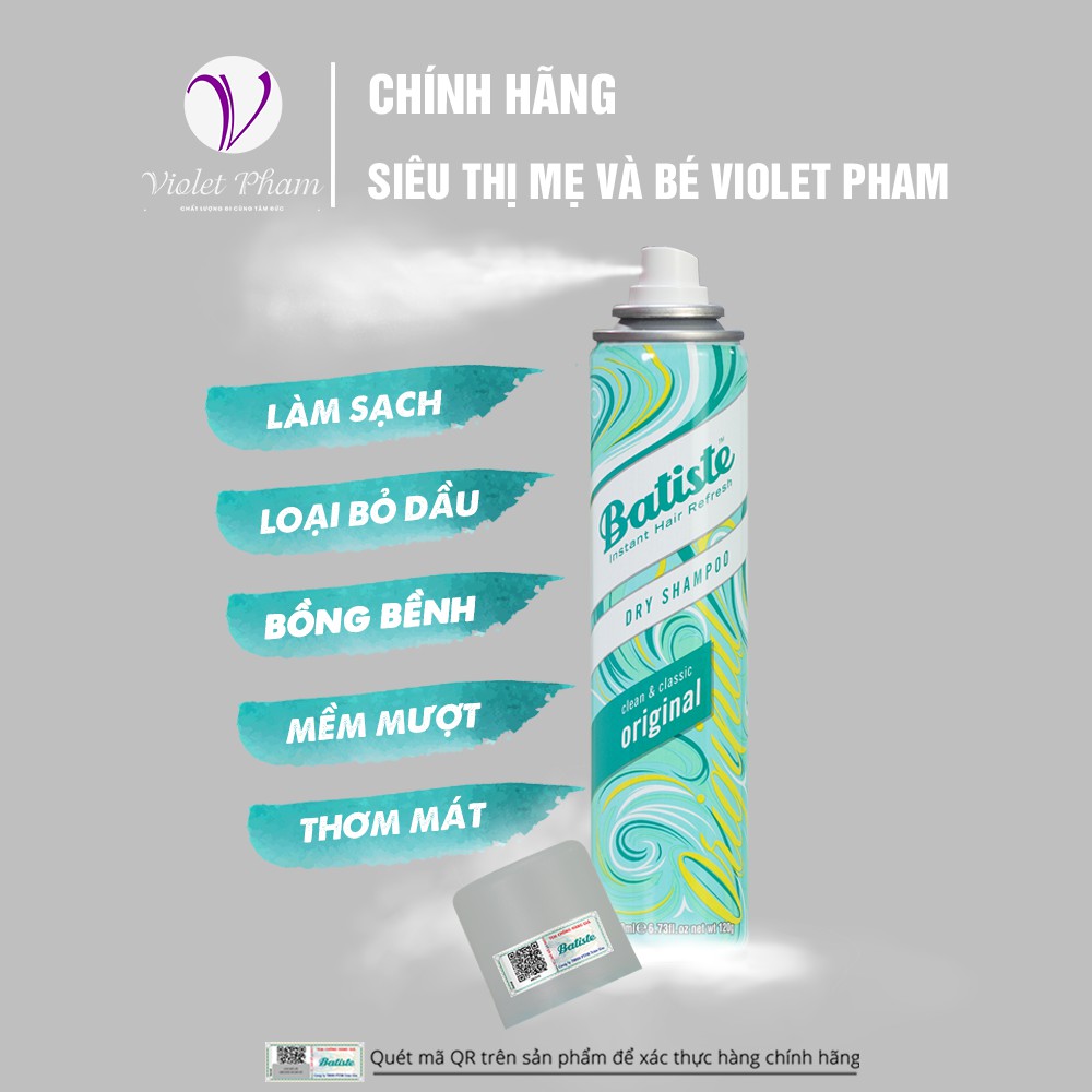 Dầu Gội Khô Hương Cổ Điển Batiste Dry Shampoo Clean &amp; Classic Original 200ml