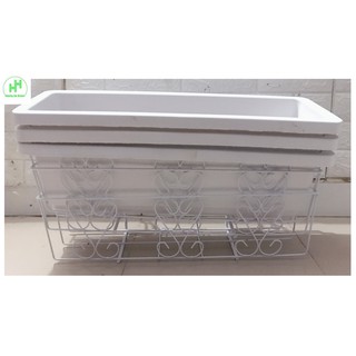 Combo 3 Giỏ Sắt Treo Chậu Hoa Ban Công KT 56x18x15Cm+3 Khay/ Máng Nhựa Trồng Rau, Trồng Hoa KT 60X20X16Cm - Màu Trắng