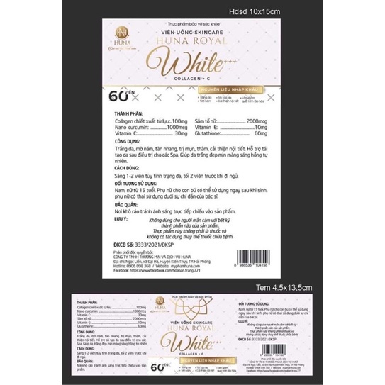 Viên uống Skincare Huna Royal White+ Trắng da, mờ nám, cân bằng nội tiết
