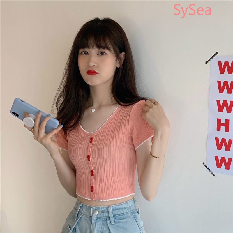 Áo Croptop Dệt Kim Tay Ngắn Thiết Kế Cổ Chữ V Quyến Rũ Cho Nữ