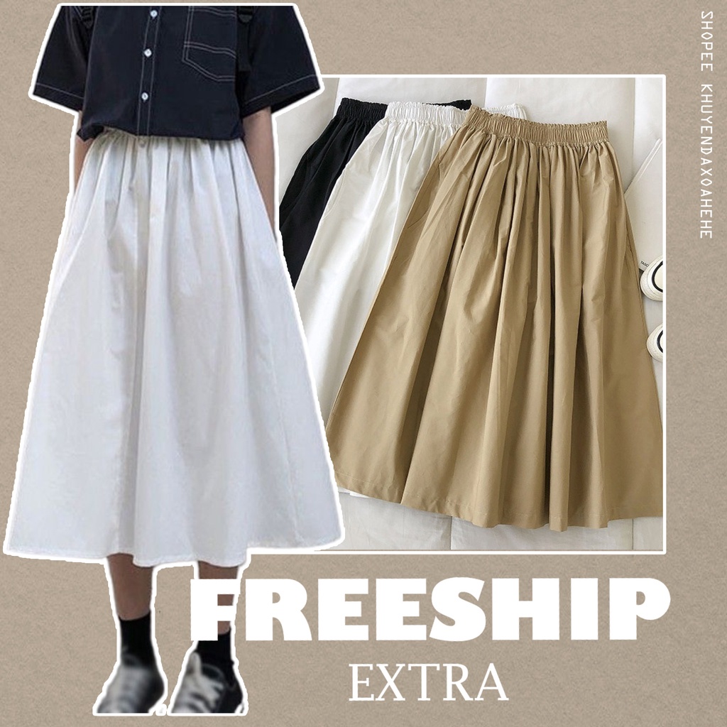 SUCV003 Chân váy kaki xòe trắng đen be dáng dài qua gối basic vintage Đầm nữ cạp cao chun chữ A 1 màu midi đẹp retro hot