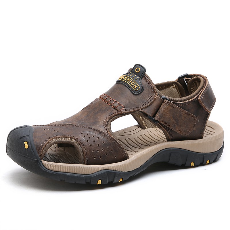 Sandal Da Bò Bít Mũi 4FJKL Phối Khóa Dán Siêu Nhẹ Chống Trượt Màu Nâu Đậm Thời Trang Chất Lượng Cao Cho Nam