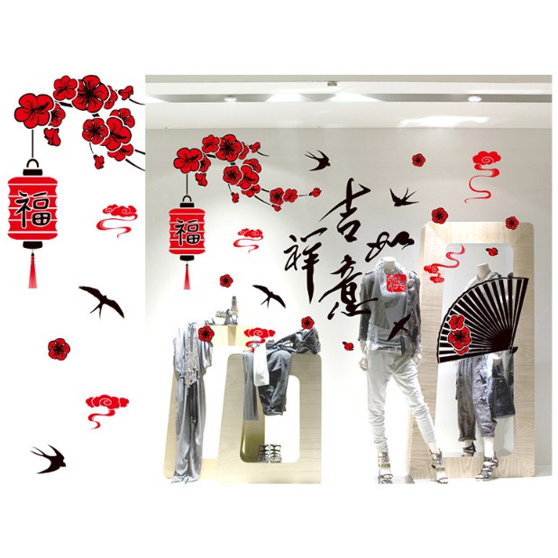 Decal trang trí tết - Chữ lớn và Quạt trang trí