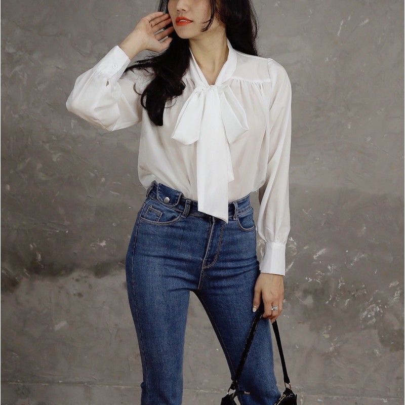 Áo Sơ Mi Trắng Nữ Cổ Nơ Cài Khuy Tay Phồng Big Size PINKBOUTIQUE | BigBuy360 - bigbuy360.vn