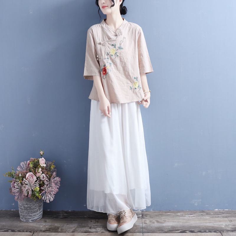 Áo Sơ Mi cotton Lanh Cổ Đứng Thêu Họa Tiết Thời Trang Cho Phụ Nữ Trung Niên