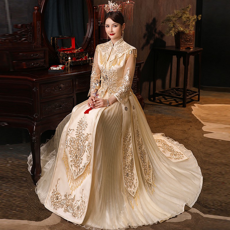 ◕✽Quần áo Xiuhe 2021 váy cưới mới của phụ nữ mùa hè mỏng cô dâu Trung Quốc màu sâm panh hiển thị kimono