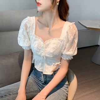 Áo croptop tay ngắn ống phồng cổ vuông thêu hoa phối ren thời trang mùa hè cho nữ