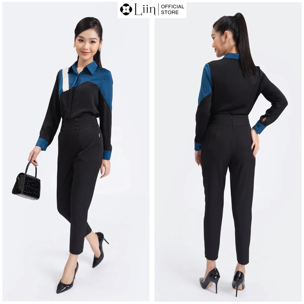 Quần baggy màu đen cạp cao viền cúc dáng công sở thanh lịch Liin Clothing Q3654