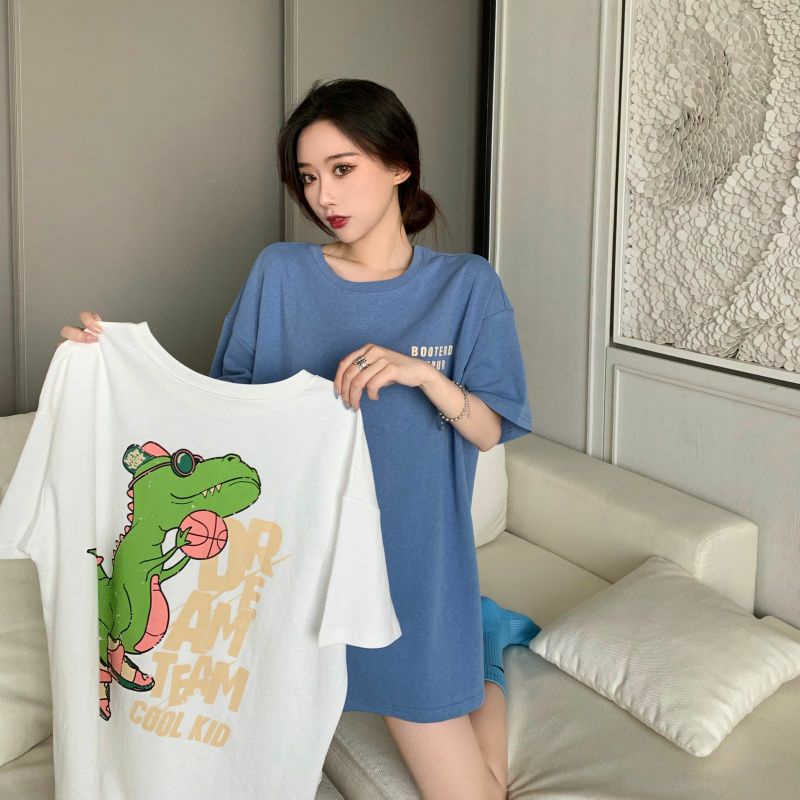Áo Thun Tay Lỡ 100% Cotton Form Rộng Unisex In Hình Khủng Long
