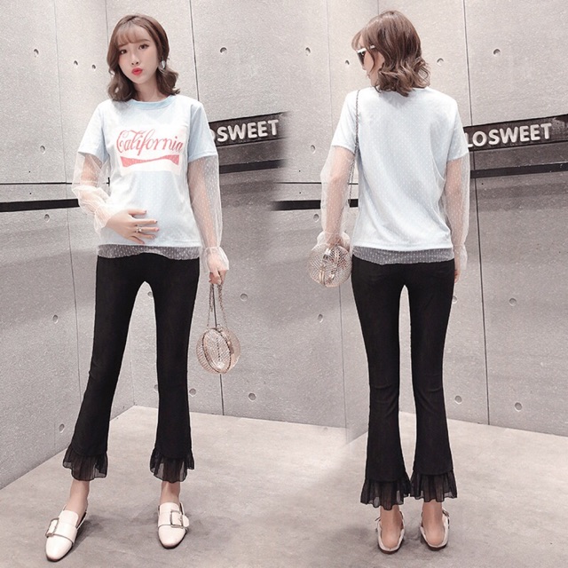 🤰quần legging bầu ống loe tua rua- hàng quảng châu( sẵn size L)