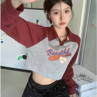 Áo Sweater Cổ Polo In Chữ Màu Tương Phản Kiểu Vintage Thời Trang Mùa Thu Cho Nữ