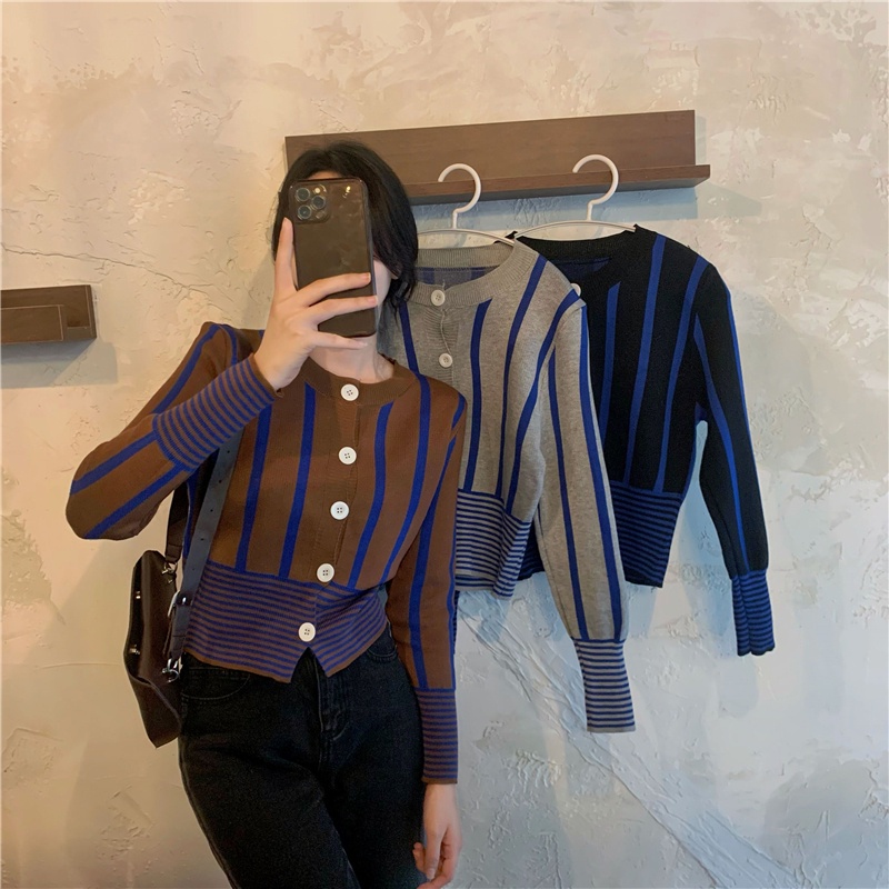 Áo Cardigan Dệt Kim Cổ Tròn Tay Phồng Dáng Ngắn Phong Cách Hàn Quốc Thời Trang Thu Đông Dành Cho Nữ 17882