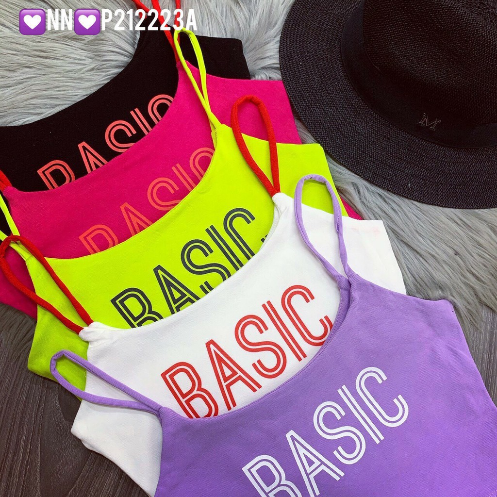Áo hai dây croptop ôm body chất thun bozip thái siêu mềm mịn co giãn tốt in chữ basic cực xinh
