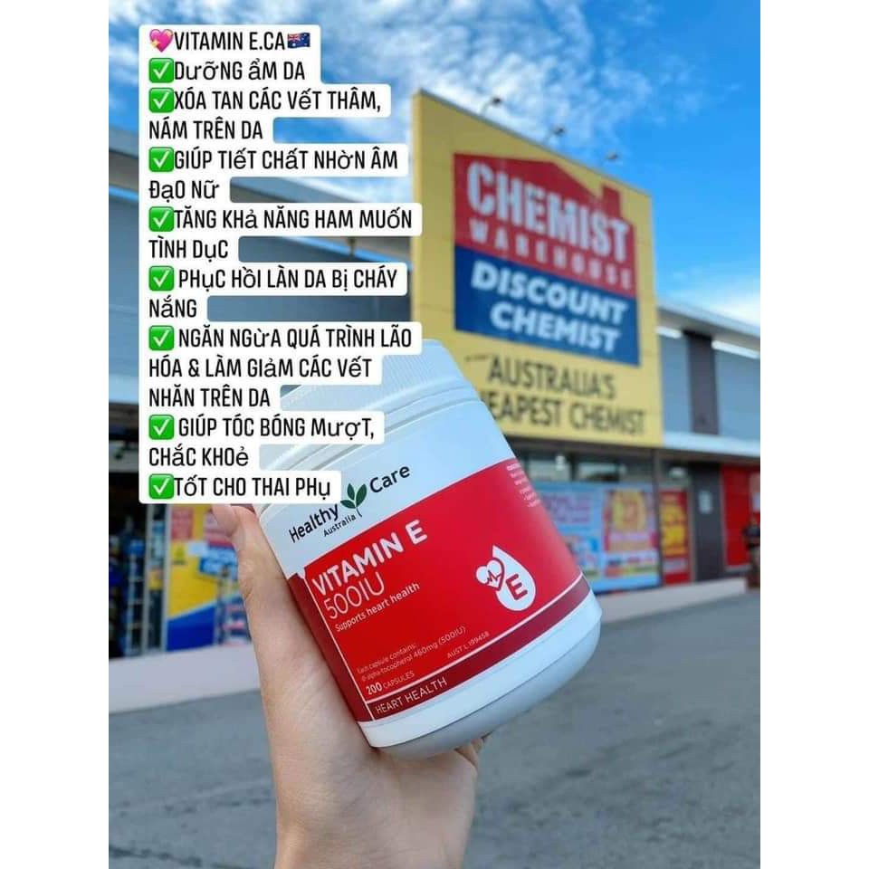 Vitamin E 500 IU Healthy Care Úc 200 viên 200 ngày uống (Đủ tem Chemist) | Thế Giới Skin Care