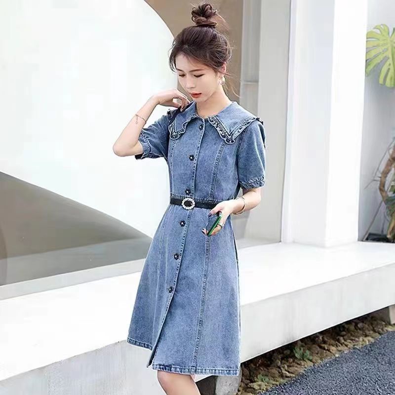 Đầm Denim Tay Ngắn Dáng Chữ A Lưng Cao Thời Trang Mùa Hè Xinh Xắn Cho Nữ
