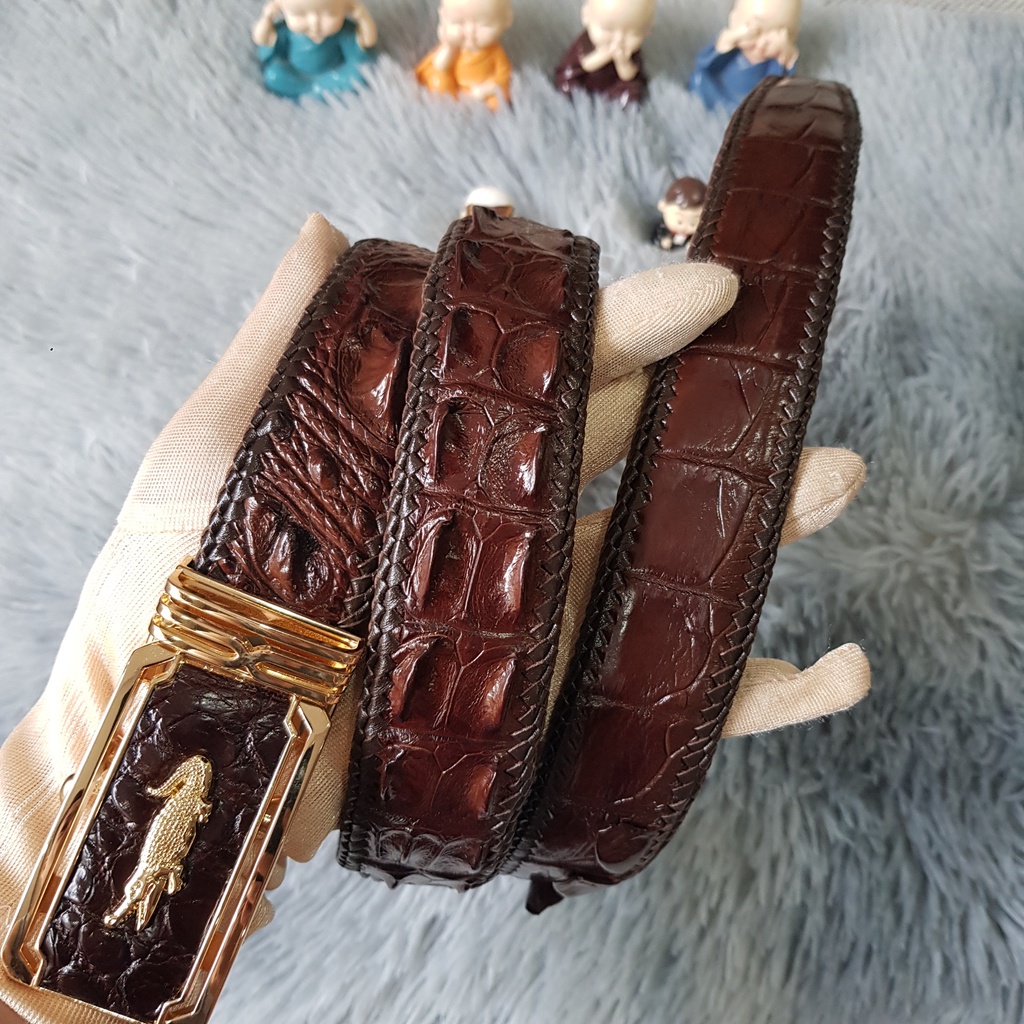 Dây Lưng Da Cá Sấu Đan Viền 3.5 Cm I Dây Lưng Da Cá Sấu Gù Lưng, Liền Nguyên Con Không Nối, Màu Nâu I Bảo Hành 24 Tháng