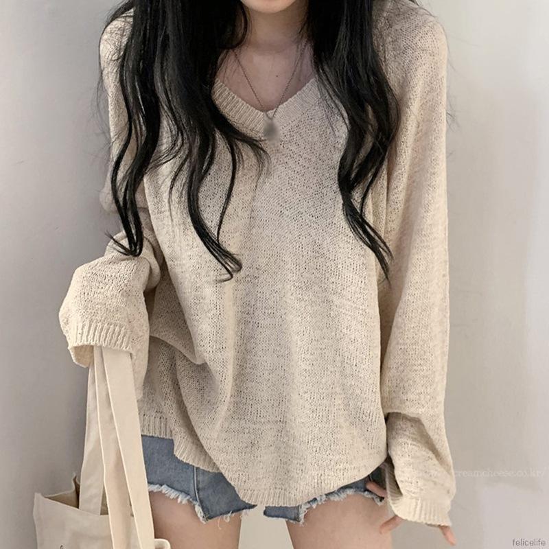 Áo dệt kim mỏng dáng rộng tay dài 3 màu trơn tùy chọn cho nữ
